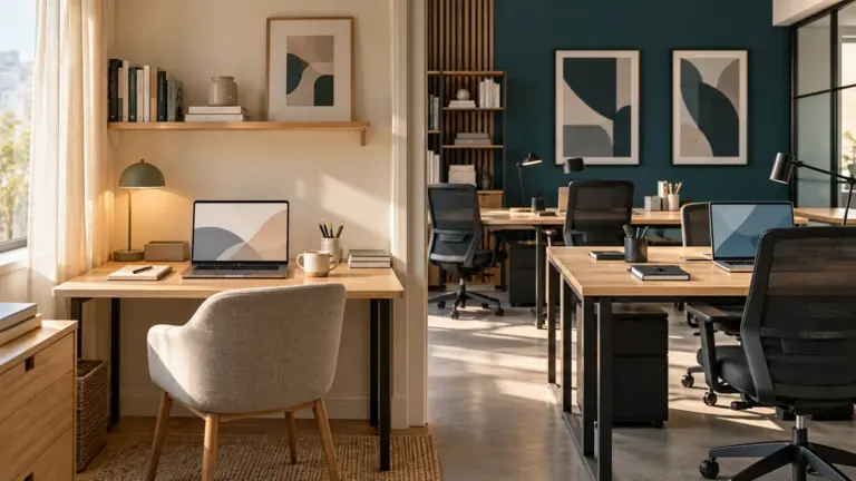 Poređenje kućnog radnog kutka i coworking prostora s više radnih stolova