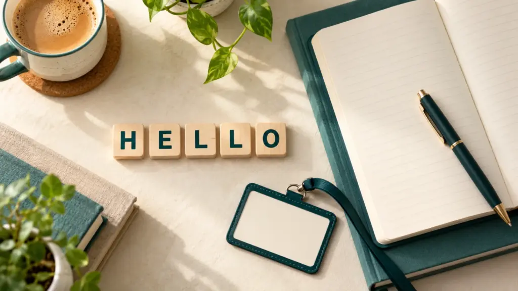 Slova koja tvore riječ HELLO, prazna kartica za ime i sveska za prvu lekciju engleskog
