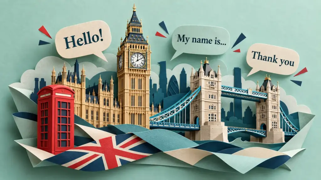 Ilustracija londonskih znamenitosti s engleskim izrazima Hello, My name is i Thank you