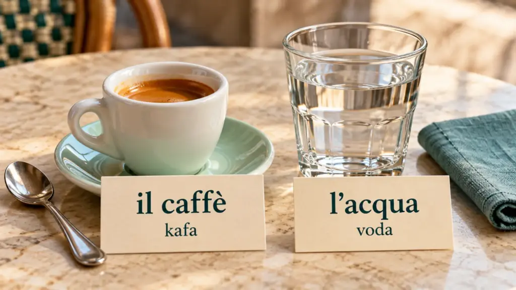 Šolja kafe, čaša vode i kartice s italijanskim riječima za piće.