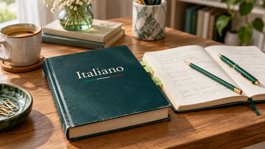 Udžbenik italijanskog jezika, otvorena sveska i zeleni pribor na radnom stolu