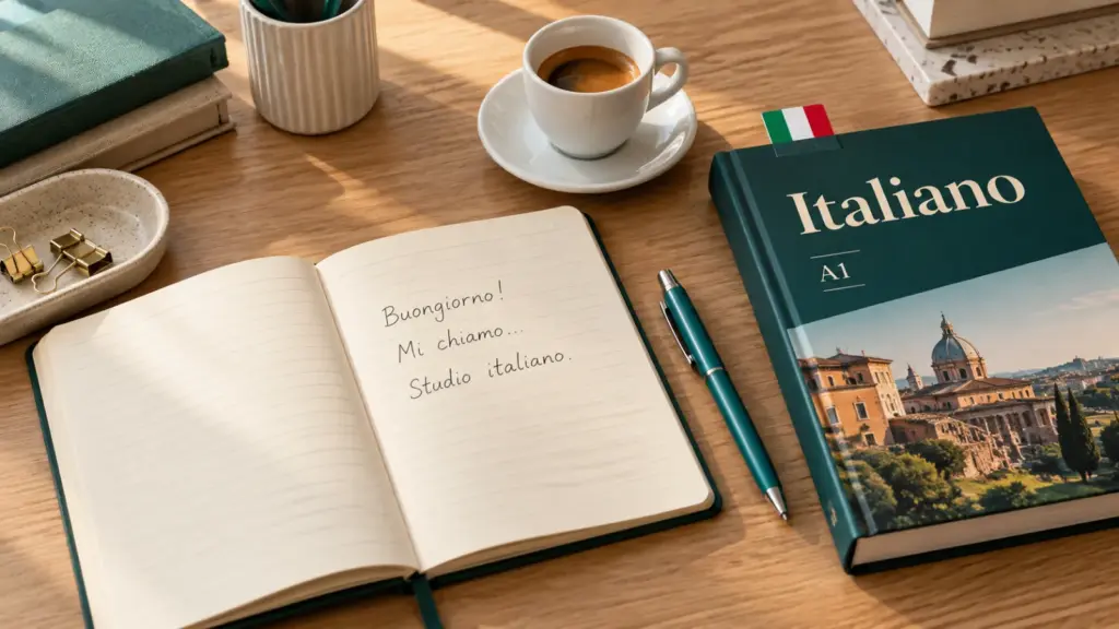 Radni sto s početničkim materijalom za italijanski, otvorenom sveskom i šoljicom kafe