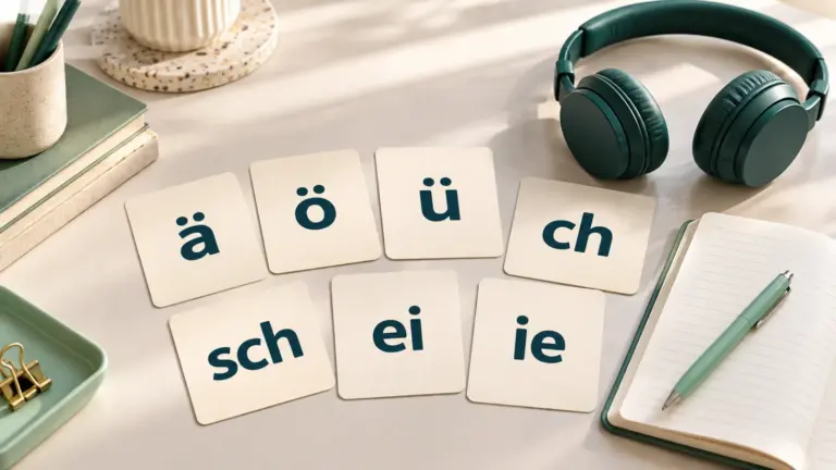 Kartice s njemačkim slovima i kombinacijama za izgovor, sveska i slušalice na radnom stolu