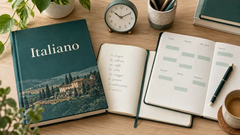 Udžbenik italijanskog, sveska, sedmični planer i sat na radnom stolu