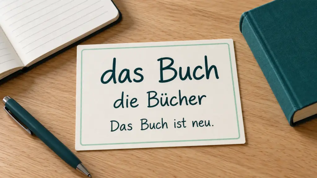 Kartica s imenicom das Buch, množinom die Bücher i primjerom rečenice