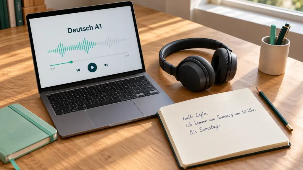 Laptop s prikazom audiosnimka, slušalice i otvorena sveska s kratkim bilješkama