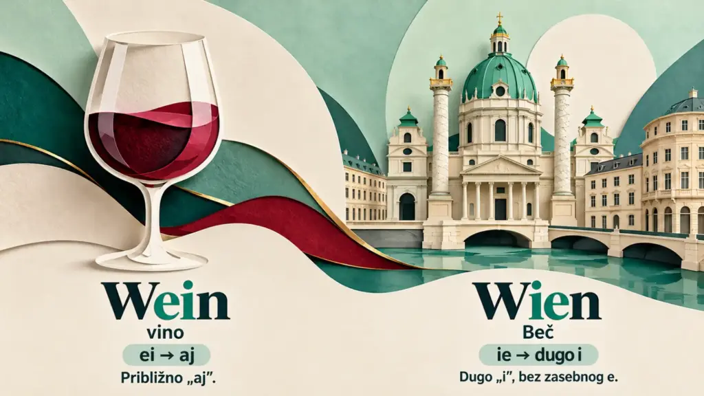 Poređenje njemačkih riječi Wein i Wien: ei zvuči približno kao aj, a ie označava dugo i