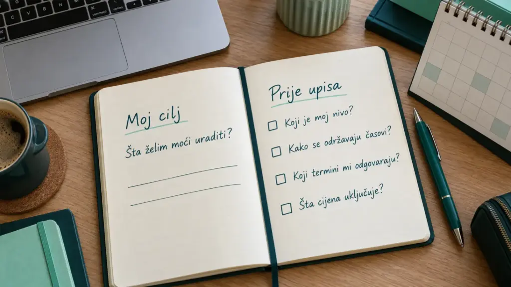 Sveska s pitanjima o nivou, terminima i cijeni kursa uz laptop i kalendar