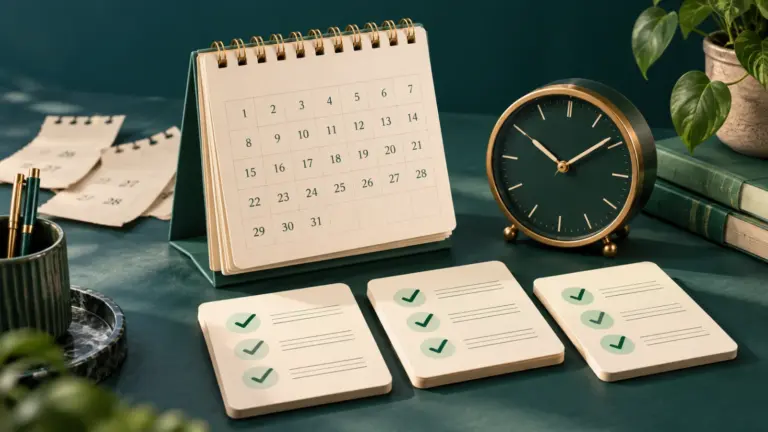 Kalendar, analogni sat i kartice s kvačicama na zelenoj podlozi