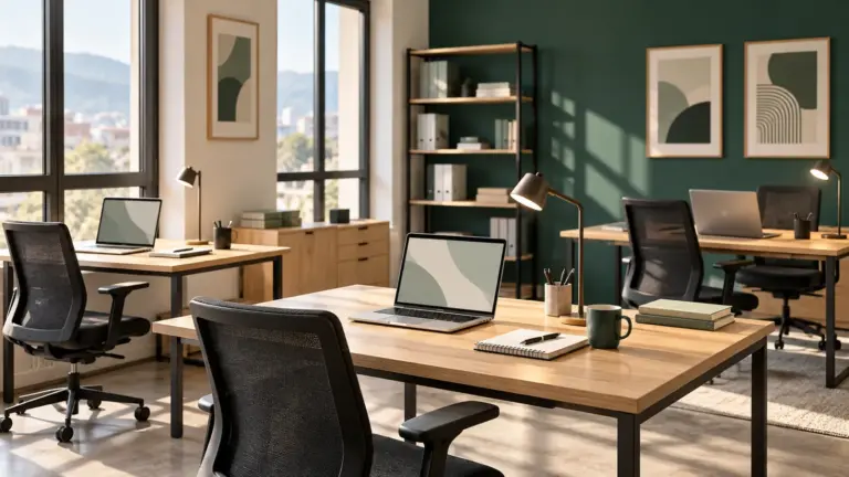 Coworking prostor s više radnih stolova, laptopima i sveskama
