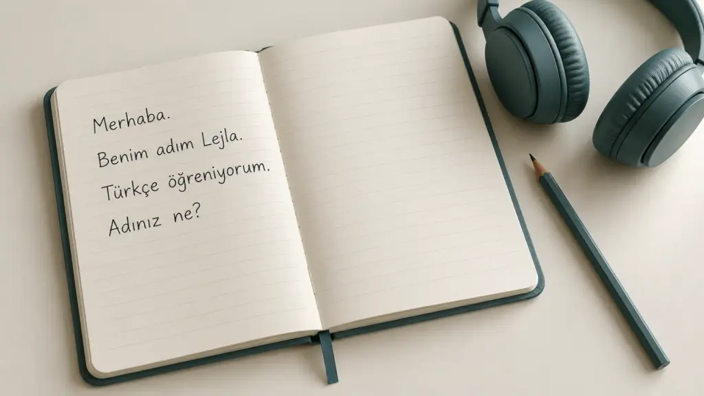 Otvorena sveska s kratkim predstavljanjem na turskom, slušalice i olovka